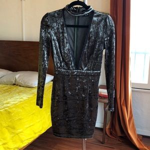 Plunging slate green velvet long sleeve mini dress